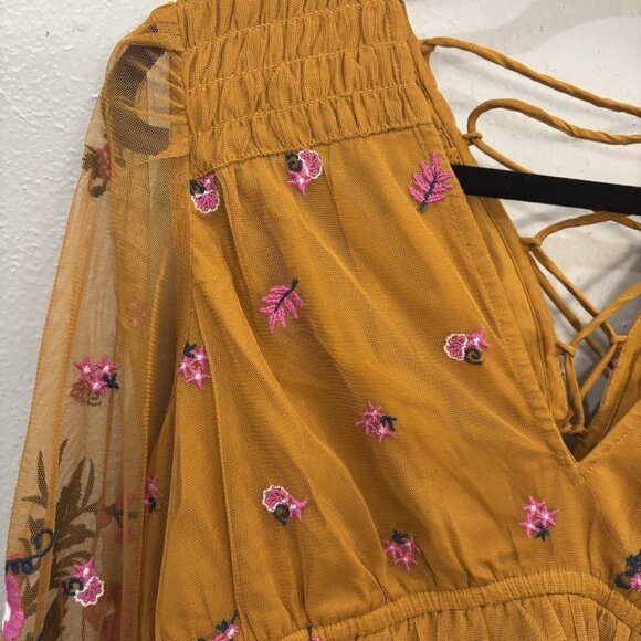 Anthropologie Embroidered Gold Smocked Tulle Blouse Size Medium Boho Peasant - Picture 4 of 15